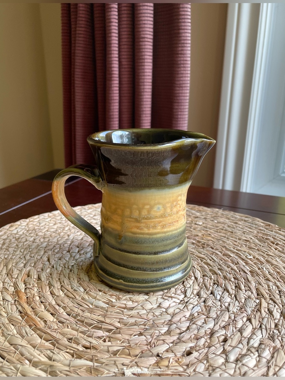 Studio Pottery Creamer Pitcher in Olive Green & Honey